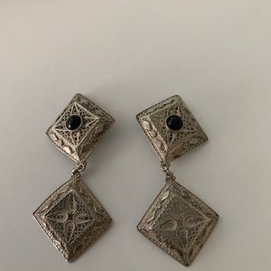 Vintage Art Deco 925 Clip On Filigree black stone